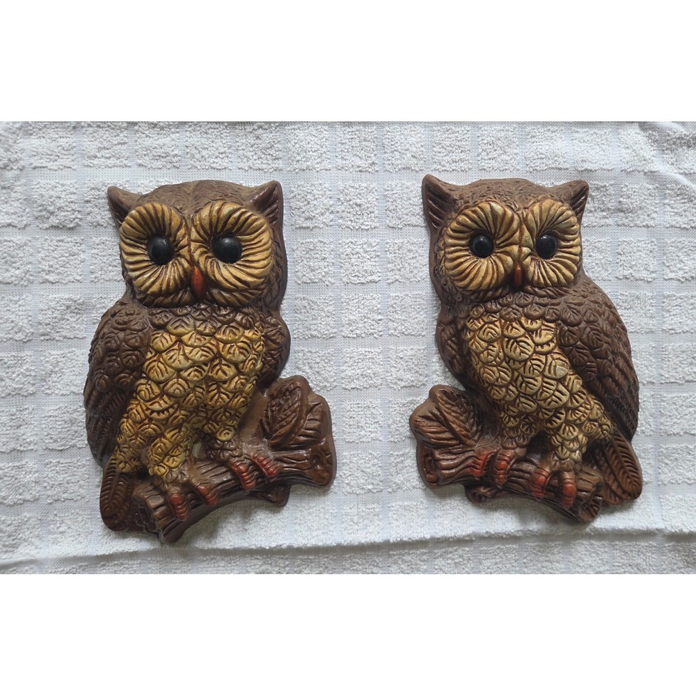 Vintage Owl Wall Plaque Pair Brown Yellow Textured Resin Bird Decor Set of 2